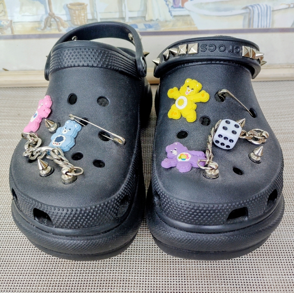 Crocs "Goth Jibbitz" Platform "Care Bears" Bae Clogs. Size 8. Spikes And Chains.